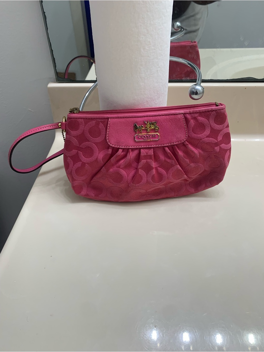 Coach Hot Pink Signature Wristlet with Gold-Tone Logo